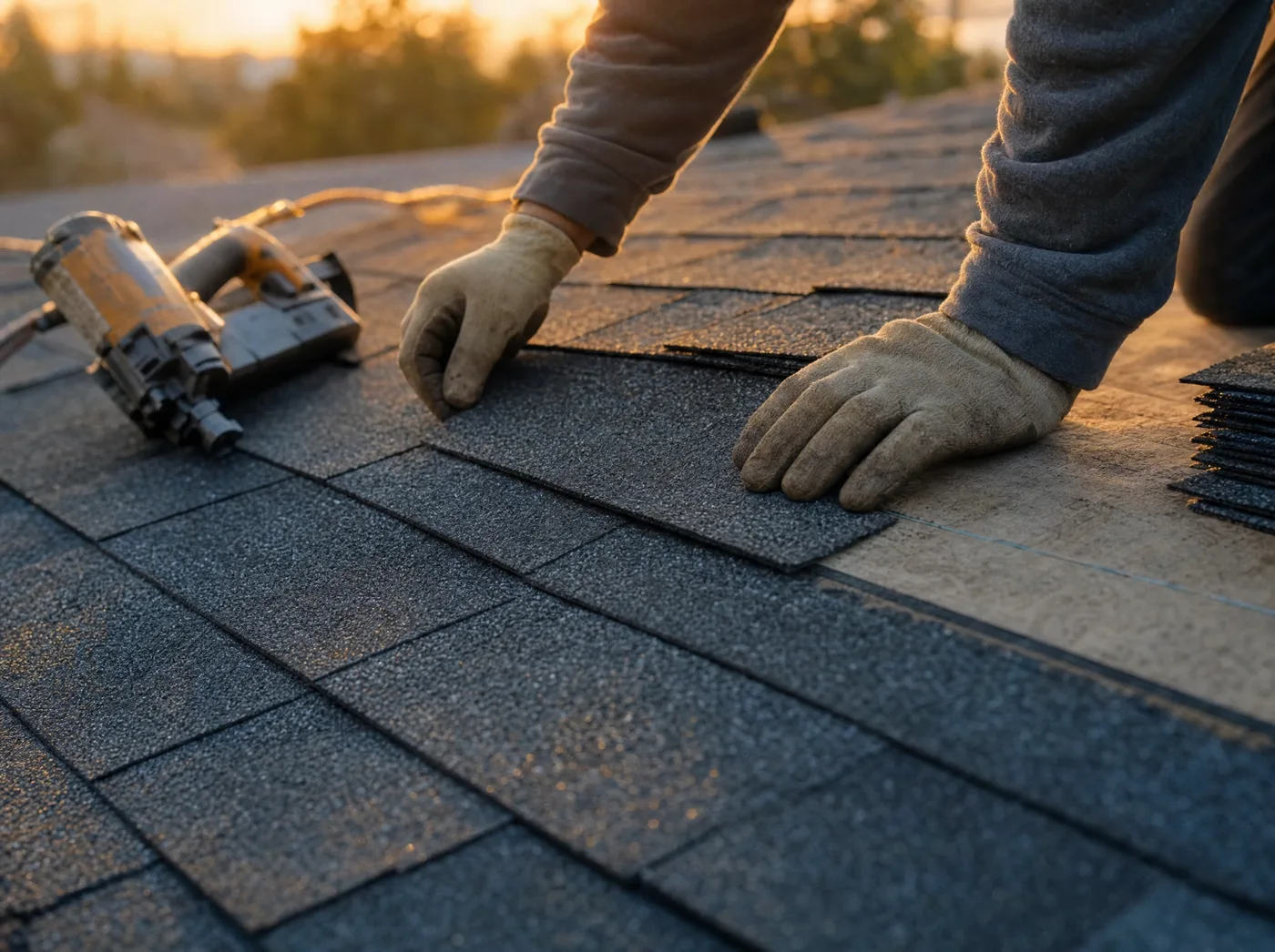 A roofer's gloved hands laying warm-charcoal architectural shingles at golden hour