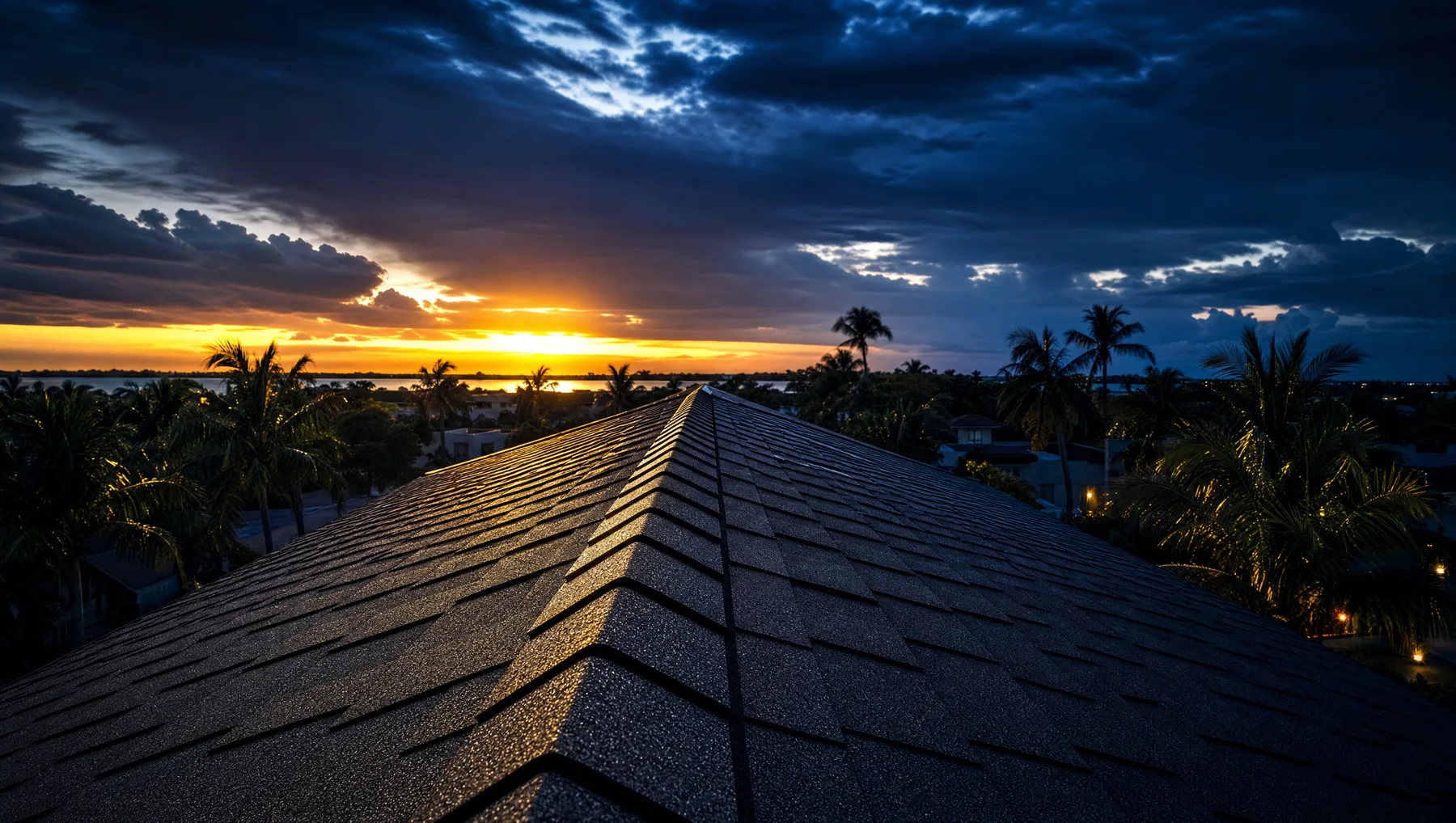 A shingled roof ridge against a gold dusk horizon